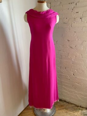 1960s chiffon  Maxi Dress with Draped Neckline and feathered scarf back.
